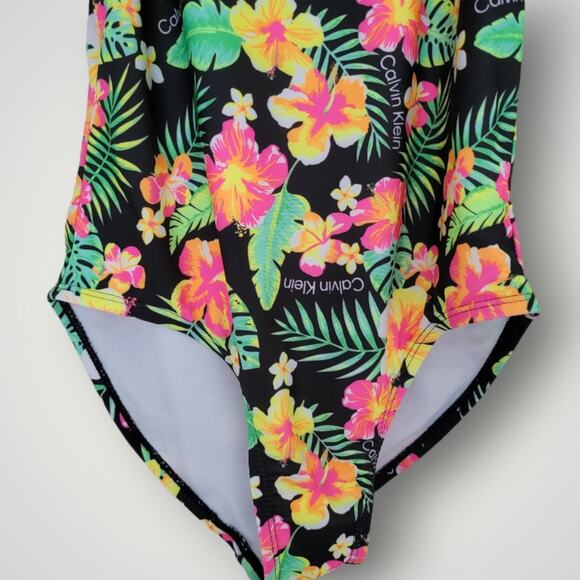 Calvin Klein Girls Swimsuit Large L One Piece Floral Black Pink Green Resort - Picture 3 of 9